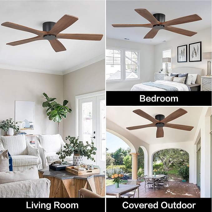 WINGBO 54" Flush Mount DC Ceiling Fans without Lights, 5 Carved Solid Wood