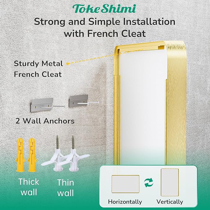 TokeShimi 72x36 Brushed Gold Bathroom Mirror, Tempered Glass, Bathroom Wall