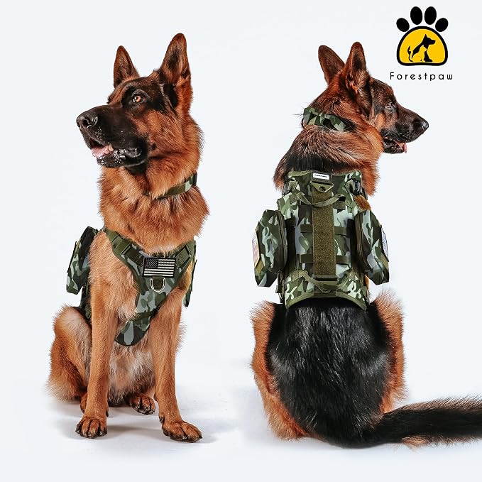 Forestpaw Tactical Dog Harness Tactical Dog Collar with Bungee Leash Set,No Pull Military Dog Harness for Walking Training,Adjustable for Medium Dogs,Camouflage Green,Chest 22-35"