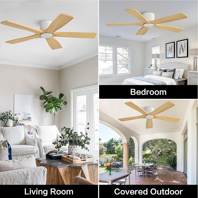 WINGBO 48" Flush Mount DC Ceiling Fans Without Lights, 5 Carved Solid Wood