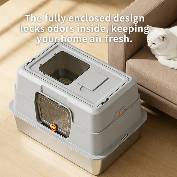 Thick Stainless Steel Fully Enclosed White Cat Toilet, Sturdy, Bite Proof, Leak Proof, Providing Greater Comfort For Cats In Large Spaces