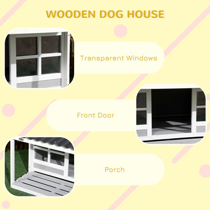 Wooden Dog House with Porch, Dog House Outdoor with Tilt Roof, Front Door, Windows for Medium Large Sized Dog