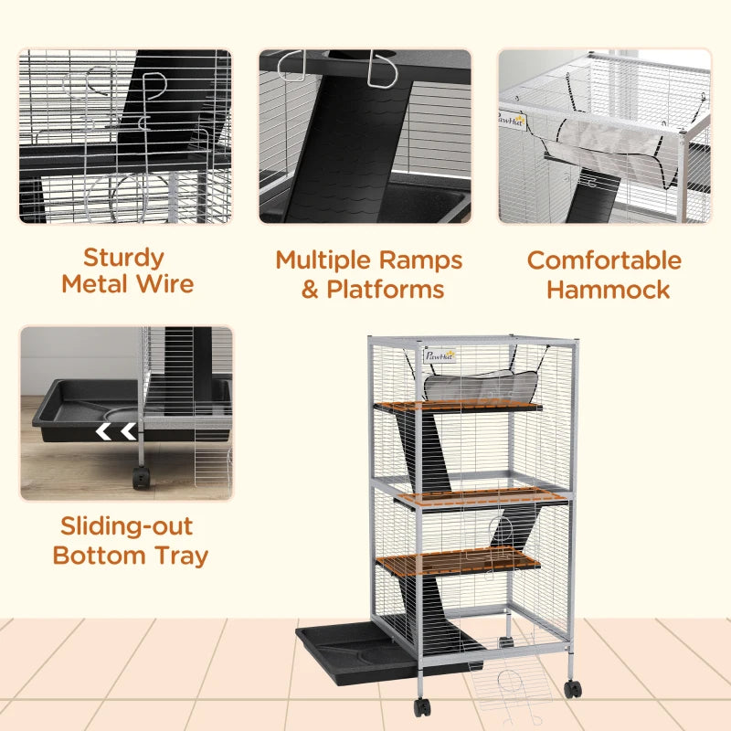 PawHut Rolling Small Animal Cage With Hammock, Ferret Cage, Chinchilla Cage, Pet Habitat With 6 Doors, Removable Tray