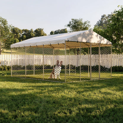 15x10 FT Large Outdoor Dog Kennel with Canopy, Heavy Duty Galvanized Steel Frame, Waterproof Cover, All-Weather Protection, Escape-Proof Lockable Pet Playpen for Large Dogs, Multiple Animals.