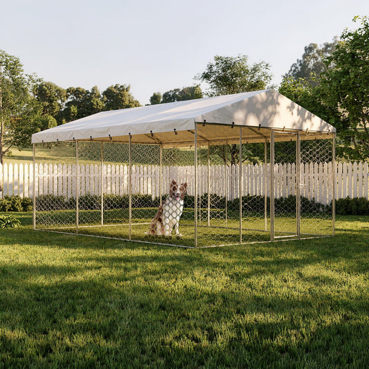 15x10 FT Large Outdoor Dog Kennel with Canopy, Heavy Duty Galvanized Steel Frame, Waterproof Cover, All-Weather Protection, Escape-Proof Lockable Pet Playpen for Large Dogs, Multiple Animals.