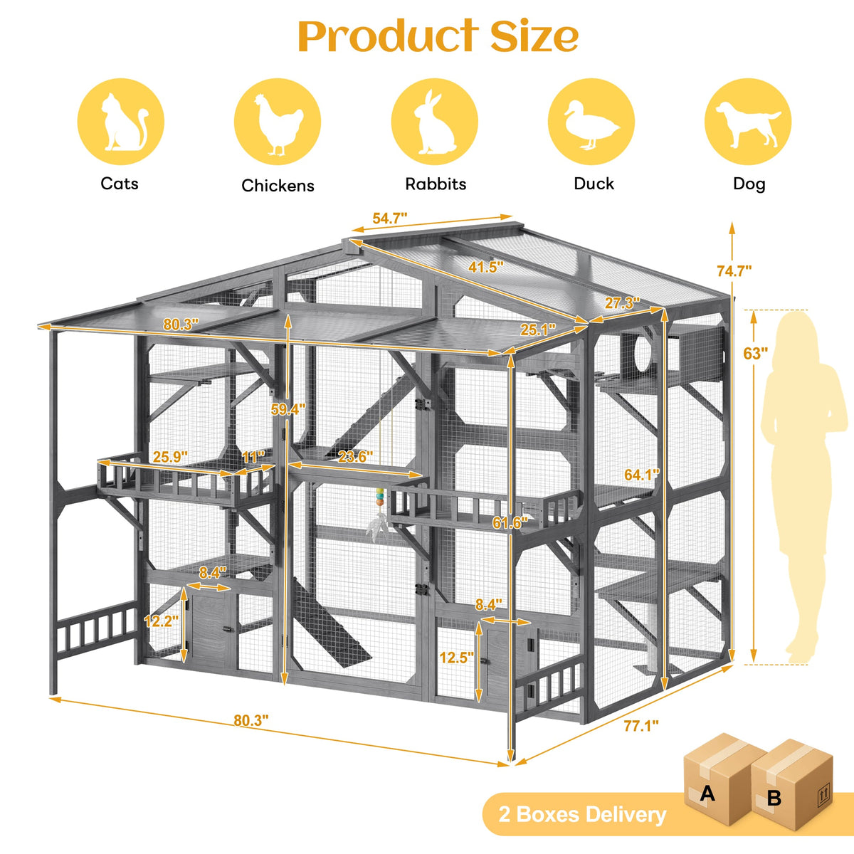Large Outdoor Catio for 6-10 Cats, Pine Wood Cat Cage Outdoor with Weatherproof Roof, 6 Platforms, Climbing Ramp, 1 Resting Box and Cat Scratching Post, Outdoor Cat House with Storage Shelves, Grey