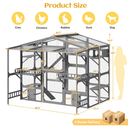 Large Outdoor Catio for 6-10 Cats, Pine Wood Cat Cage Outdoor with Weatherproof Roof, 6 Platforms, Climbing Ramp, 1 Resting Box and Cat Scratching Post, Outdoor Cat House with Storage Shelves, Grey