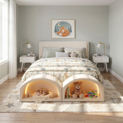 Queen Size Upholstered Platform Bed Frame with Dual Cat Caves, LED Lighted Pet Nests at Footboard, Beige