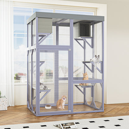 Outdoor Wooden Catio Multi-functional Cat Enclosure, 4 Platforms & 2 Napping Houses, 2 Strong Locks, Rounded Corner, Stepped design,Galvanized Wire