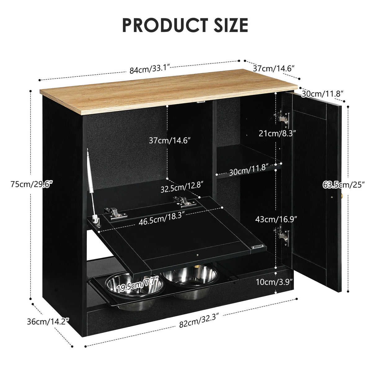 Feeding station with 2 lockers, pet feeding station with 2 elevated dog bowls, side hooks, anti-tipping kit, hidden pet feeding station for feeding and watering, rattan door, black