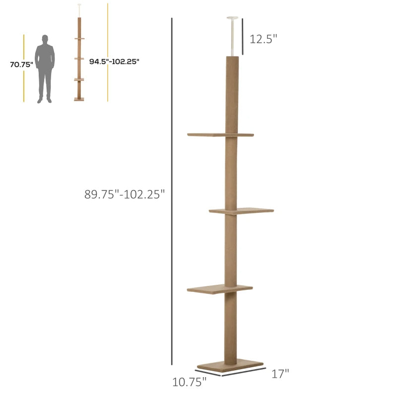PawHut Floor-to-Ceiling Cat Tree Cat Climbing Tower With Sisal-Covered Scratching Posts Natural Cat Tree Activity Center For Kittens Cat Tower Furniture, Brown