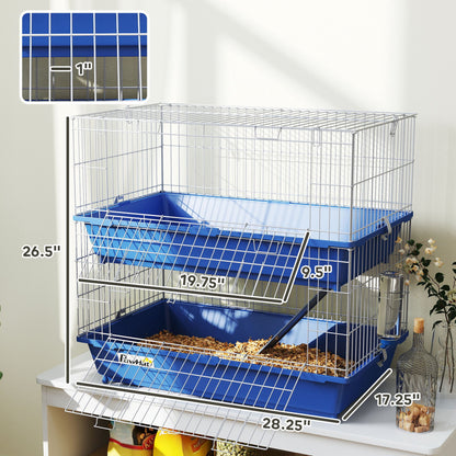 2-Tier Guinea Pig Cage, Ferret Cage, Chinchilla Cage, Small Animal Cage Indoor with Dish and Bottle, 2 Doors, Deep Bottoms, Ramp, 28", Blue