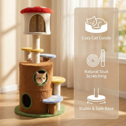 mushroom cat tree with large condo platform ladder