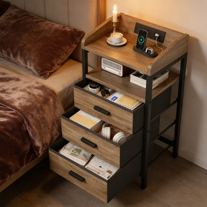 2 Pack Night Stand With Charging Station And Light Bedside End Table With 3 Fabric Drawers 2 USB Ports And Outlets For Bedroom