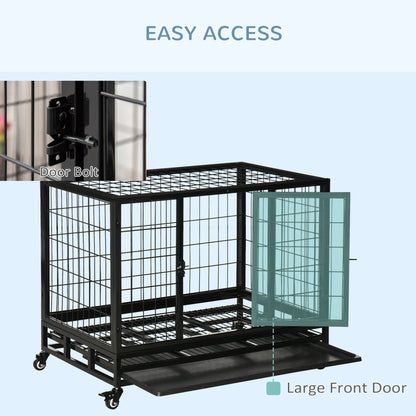 36" Heavy Duty Dog Crate with Removable Tray, Lockable Wheels and Double Door, for Medium and Large Dogs, Black
