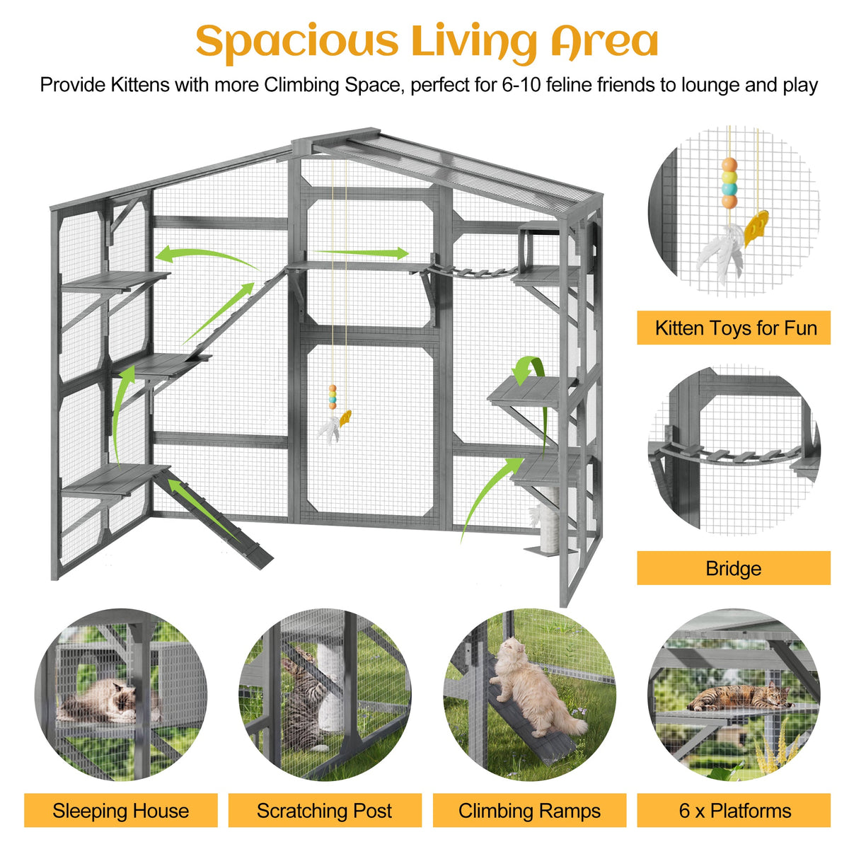 Large Outdoor Catio for 6-10 Cats, Pine Wood Cat Cage Outdoor with Weatherproof Roof, 6 Platforms, Climbing Ramp, 1 Resting Box and Cat Scratching Post, Outdoor Cat House with Storage Shelves, Grey