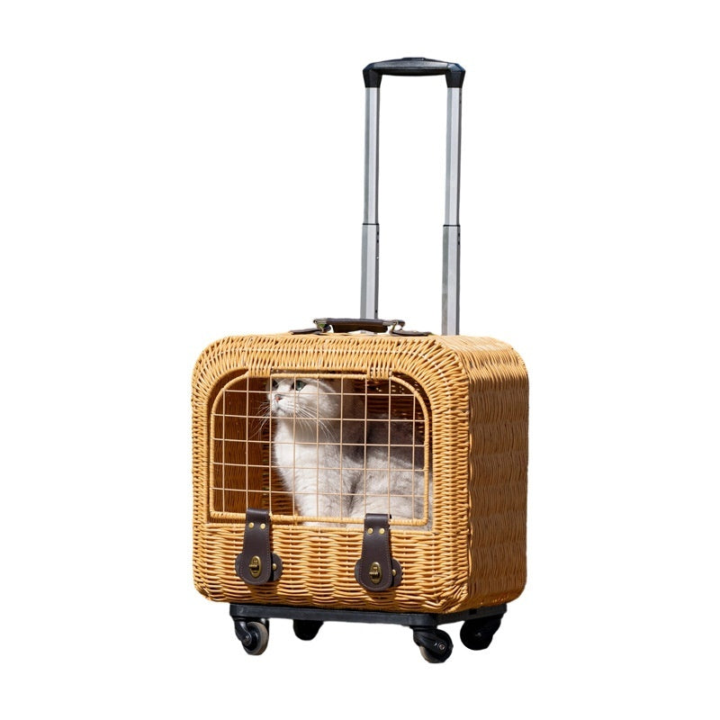 Portable Woven Rattan Cat Carrier With Ventilation And A Pull Handle For Outings