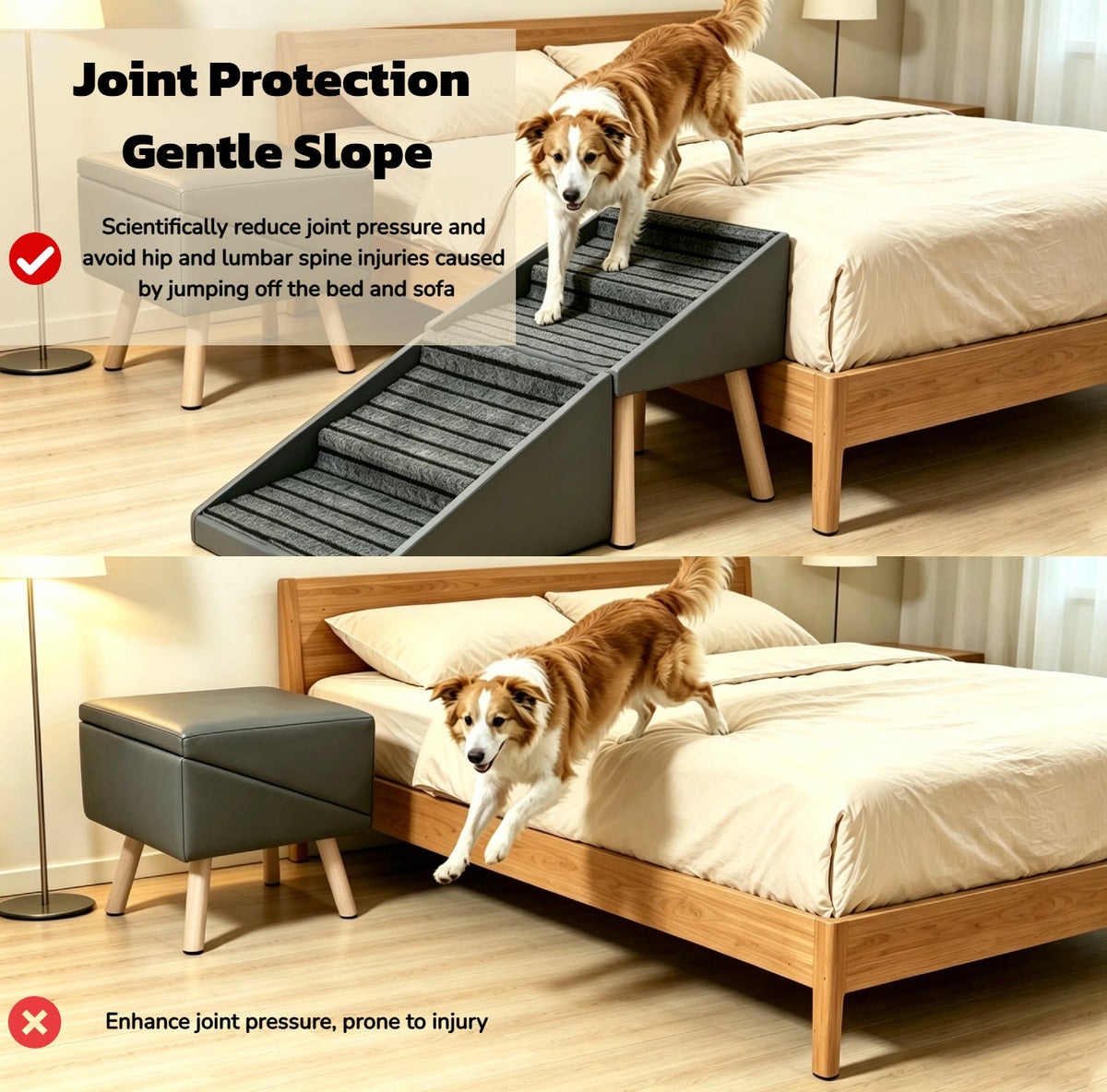 2-in-1 Dog Stairs for Bed and Couch 19.69" Foldable Dog Ramp for Couch 4 Pet Steps  & Ottoman for Small Dogs, Grey