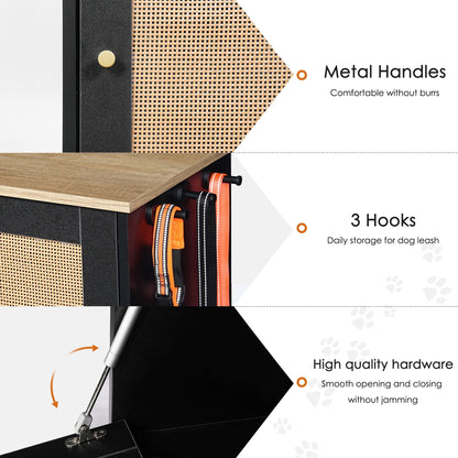 Feeding station with 2 lockers, pet feeding station with 2 elevated dog bowls, side hooks, anti-tipping kit, hidden pet feeding station for feeding and watering, rattan door, black