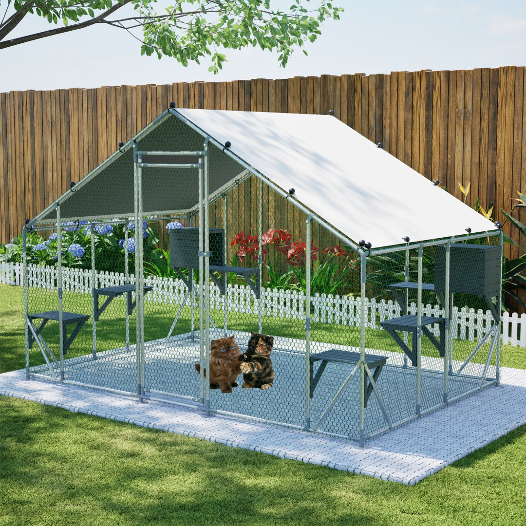 Extra Sturdy 3x2m Outdoor Metal Cat Cage -DIY Solid Wood Platform, Double Safety Lock & Enhanced Stability, Multi-Pet Use, Waterproof Tarp Included