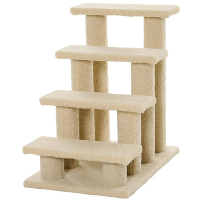 4-Step Multi-Level Carpeted Cat Scratching Post Pet Stairs, Cream White