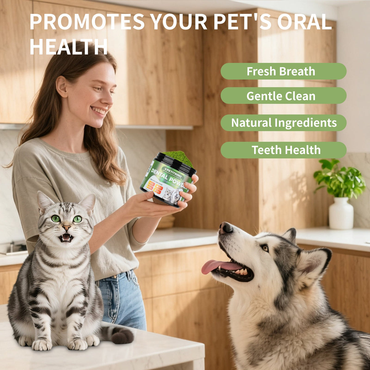 PETITRINU Natural Dental Powder For Cats And Dogs, Fresh Breath Gentle Clean Teeth Health Pet Oral Care Powder 150g