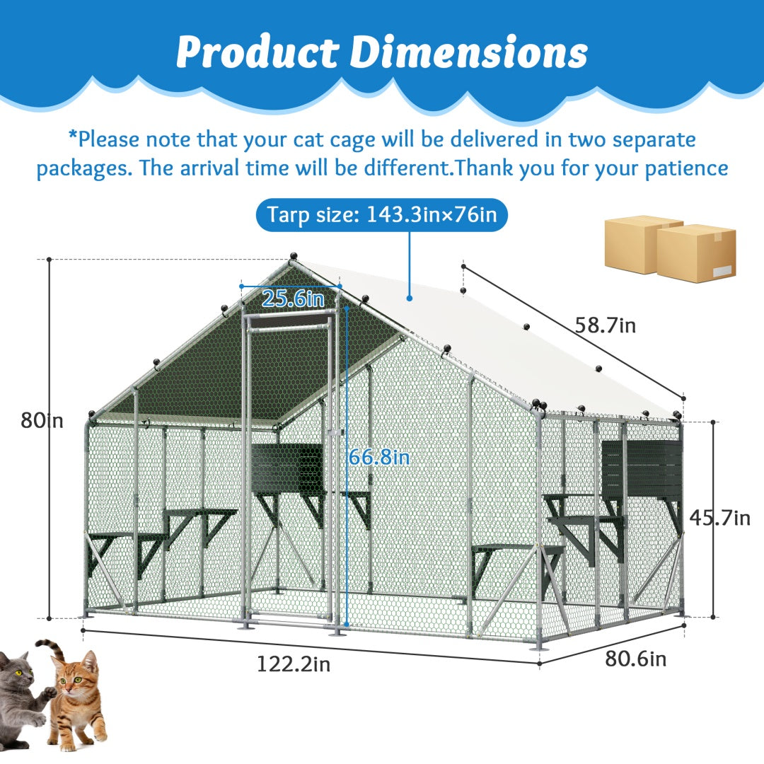 Extra Sturdy 3x2m Outdoor Metal Cat Cage -DIY Solid Wood Platform, Double Safety Lock & Enhanced Stability, Multi-Pet Use, Waterproof Tarp Included