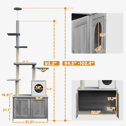 2 in 1 Floor to Ceiling Cat Tree with Litter Box Enclosure, Condo, Bed, Hammock, Scratching Posts, and Platforms, Gray