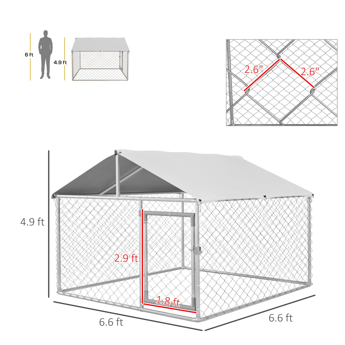 6.6 x 6.6 x 4.9 Dog Kennel Outdoor for Small Medium Dogs with Waterproof Roof, Silver