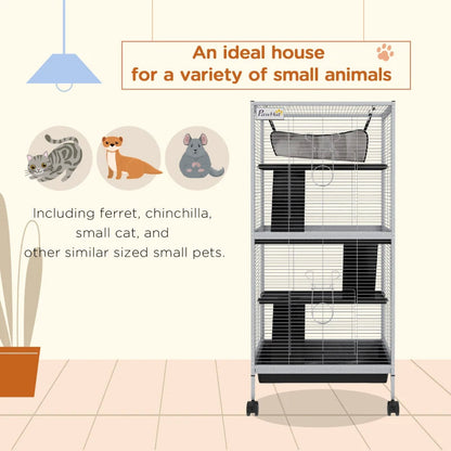PawHut Rolling Small Animal Cage With Hammock, Ferret Cage, Chinchilla Cage, Pet Habitat With 6 Doors, Removable Tray