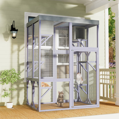 Outdoor Wooden Catio Multi-functional Cat Enclosure, 4 Platforms & 2 Napping Houses, 2 Strong Locks, Rounded Corner, Stepped design,Galvanized Wire