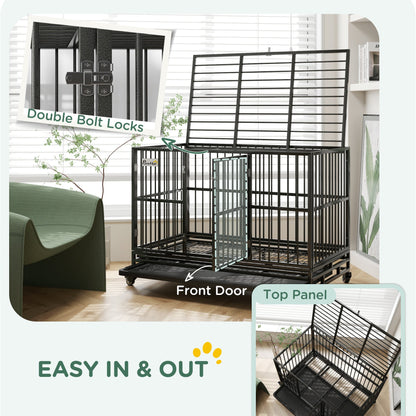48" Heavy Duty Dog Crate Metal Cage Kennel with Lockable Wheels, Double Door and Removable Tray, gray