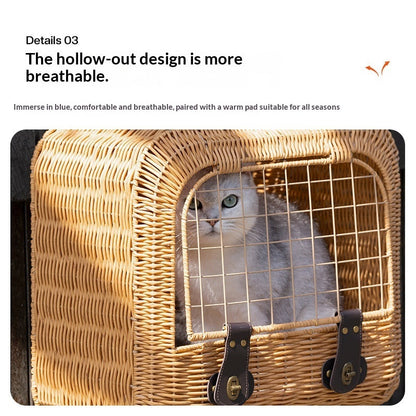 Portable Woven Rattan Cat Carrier With Ventilation And A Pull Handle For Outings