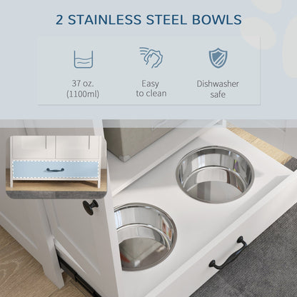 Pet Feeding Station, Dog Food Storage Cabinet w/ Raised Dog Bowls, Adjustable Panel, Hooks for Medium Dogs, White