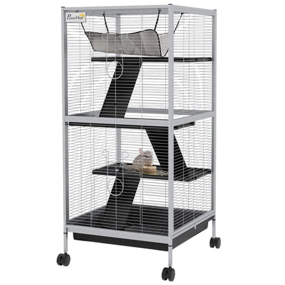 PawHut Rolling Small Animal Cage With Hammock, Ferret Cage, Chinchilla Cage, Pet Habitat With 6 Doors, Removable Tray