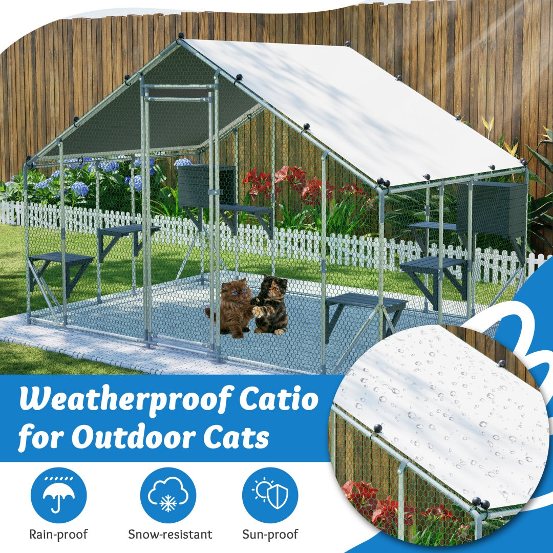 Extra Sturdy 3x2m Outdoor Metal Cat Cage -DIY Solid Wood Platform, Double Safety Lock & Enhanced Stability, Multi-Pet Use, Waterproof Tarp Included