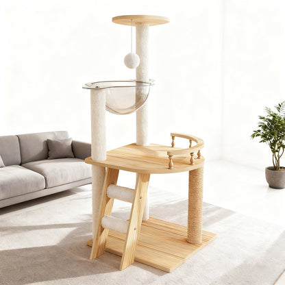 41.3" Modern Cat Tower, Wood Cat Tree Tower for Indoor Cats, Cat Treewith Sisal-Covered Scratching Posts and Top Perch, Cat Condo with Acrylic Hammock for Small Large Cats