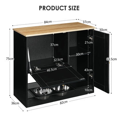 Feeding station with 2 lockers, pet feeding station with 2 elevated dog bowls, side hooks, anti-tipping kit, hidden pet feeding station for feeding and watering, rattan door, black
