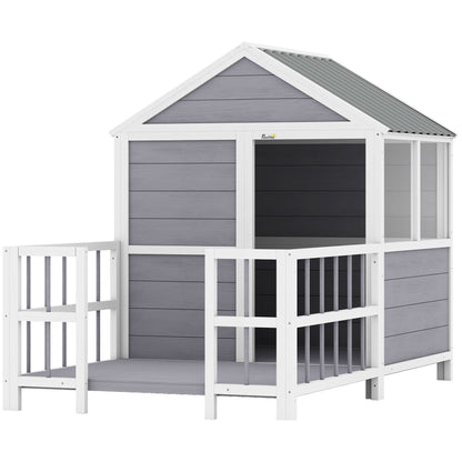 Outdoor Dog House, 61"L Wooden Dog House with Porch, Weatherproof Roof, Elevated Base, Air Vents & Observation Windows