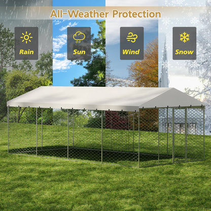 10x20 FT Large Outdoor Dog Kennel with Canopy, Heavy Duty Galvanized Steel Frame, Waterproof Cover, All-Weather Protection, Escape-Proof Lockable Pet Playpen for Large Dogs, Multiple Animals.
