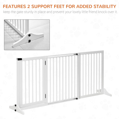 Freestanding Length Adjustable Wooden Pet Gate with Lockable Door 3 Panels, White