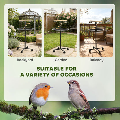 Portable Bird Play Stand, Parrot Perch Bird Feeder Station with Wheels, Stainless Steel Feeding Bowls, Tray, Gray