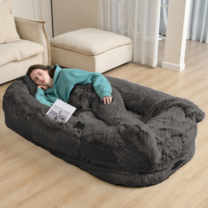 Oversized Human Dog Bed For Adults & Pets, 71 In X45 In X 12 In Ultra Soft Faux Fur Lounger, Washable Floor Bed With Orthopedic Support, Pillow & Blanket Included For Cozy Rest