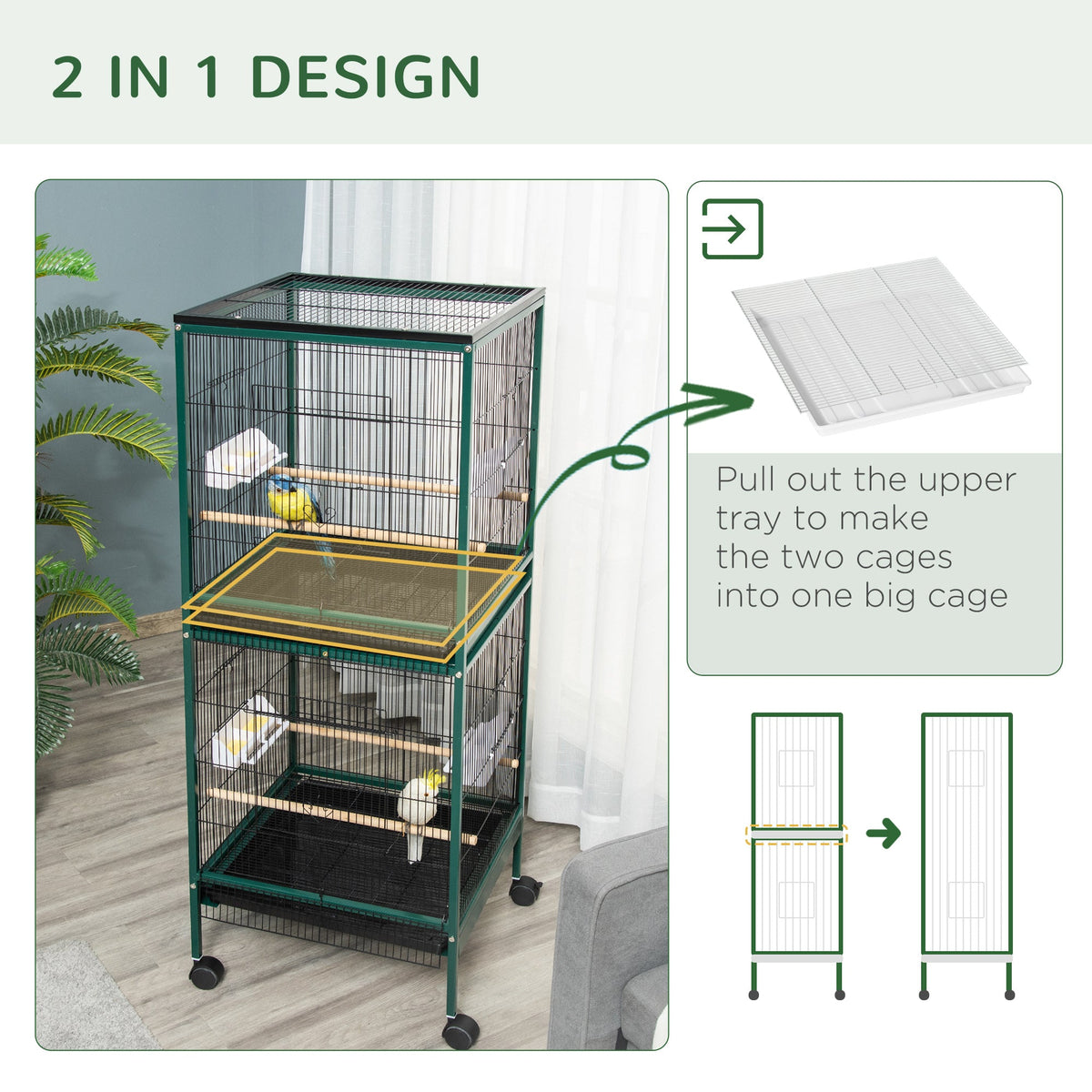 Large Bird Cage with 1.7 ft. Width for Wingspan, Bird Aviary Indoor with Multi-Door Design, Fit for a Canary, Finch, Conure, 55", Green