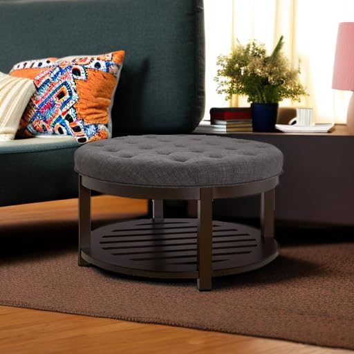 24KF Large Round Upholstered Tufted Linen Ottoman Coffee Table, Large Footrest Ottoman with Wood Shelf Storage,Dark Gray