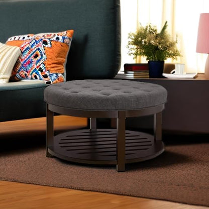 24KF Large Round Upholstered Tufted Linen Ottoman Coffee Table, Large Footrest Ottoman with Wood Shelf Storage,Dark Gray