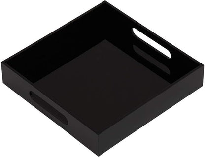 Glossy Black Sturdy Acrylic Serving Tray with Handles-10x10Inch-Serving Coffee,Food,Breakfast,Butler-Kitchen Countertop Tray-Makeup Drawer Organizer-Vanity Table,Ottoman Tray-Decorative Tray