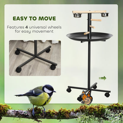 Portable Bird Play Stand, Parrot Perch Bird Feeder Station with Wheels, Stainless Steel Feeding Bowls, Tray, Gray