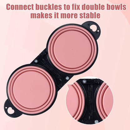Collapsible Dog Dual Bowls Reinforced Rim 180 Degrees Flip Over Foldable Double Bowl With Lock Clips More Stable Dog Travel Bowls Pet Food Water Feeder