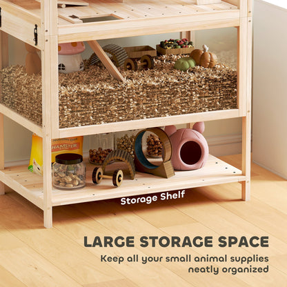 Wooden Hamster Cage with Detachable Lower Floor, Storage Shelf, Hut, Seesaw, Exercise Wheel, Ramps for Dwarf